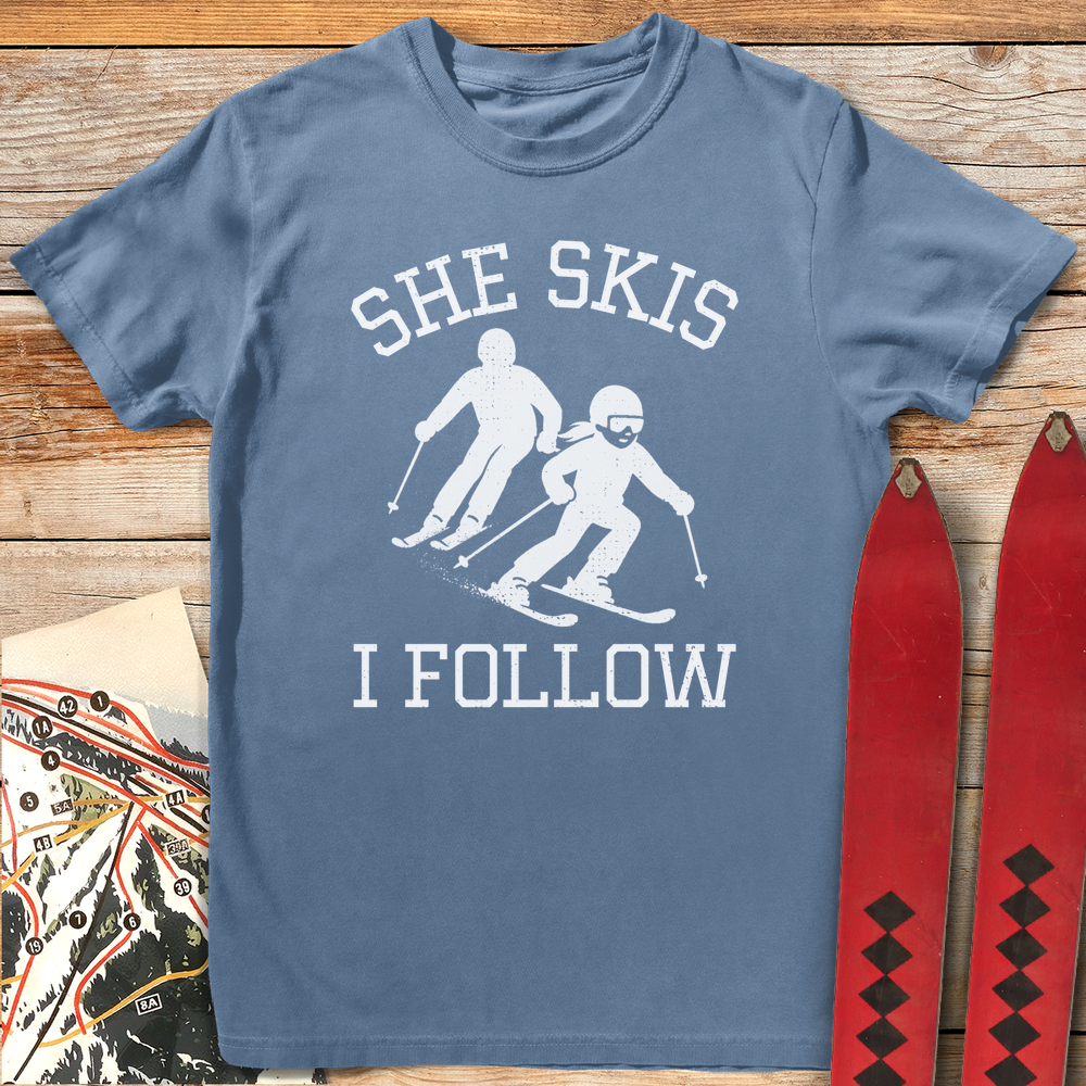 624 She Skis I Follow White - Blue Jean