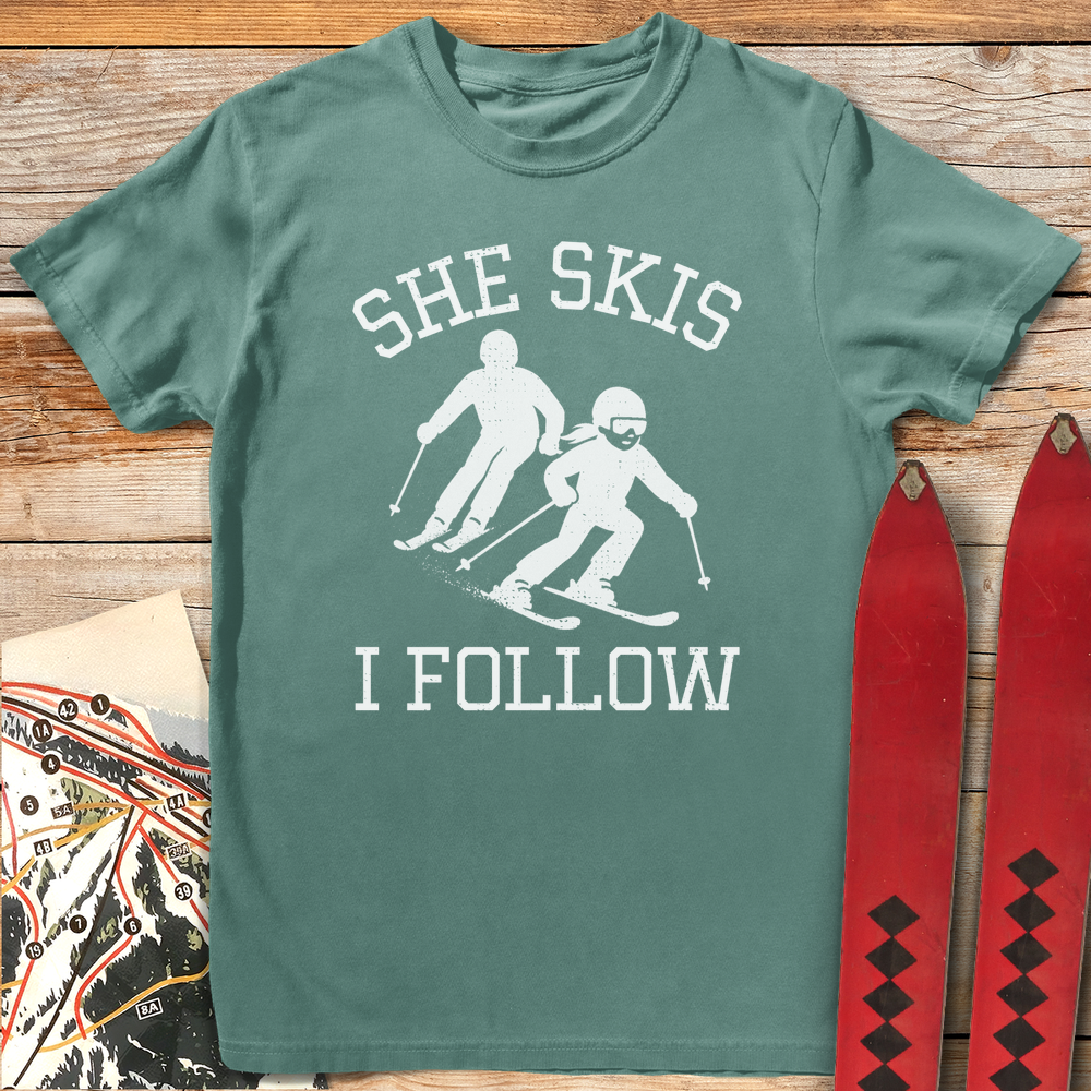 624 She Skis I Follow White - Light Green