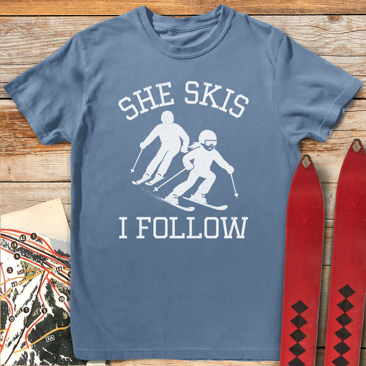 624 She Skis I Follow White - Blue Jean