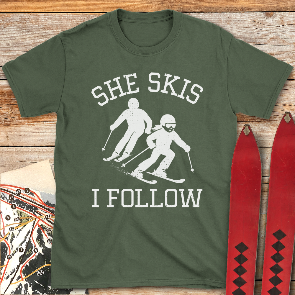 624 She Skis I Follow White - Military Green